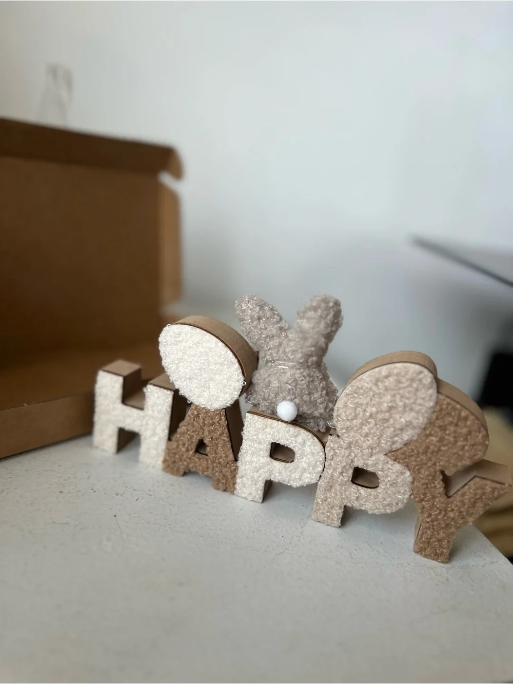 Happy Bunny Text Decor in Cream and Tan - Home Party Supplies new in box